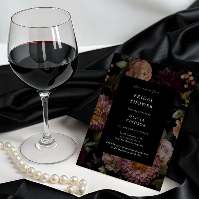 Convite Chá de panela Floral Preto-Gótico Escuro e Moody (Dark and Moody Floral Goth Bridal Shower Invitation )