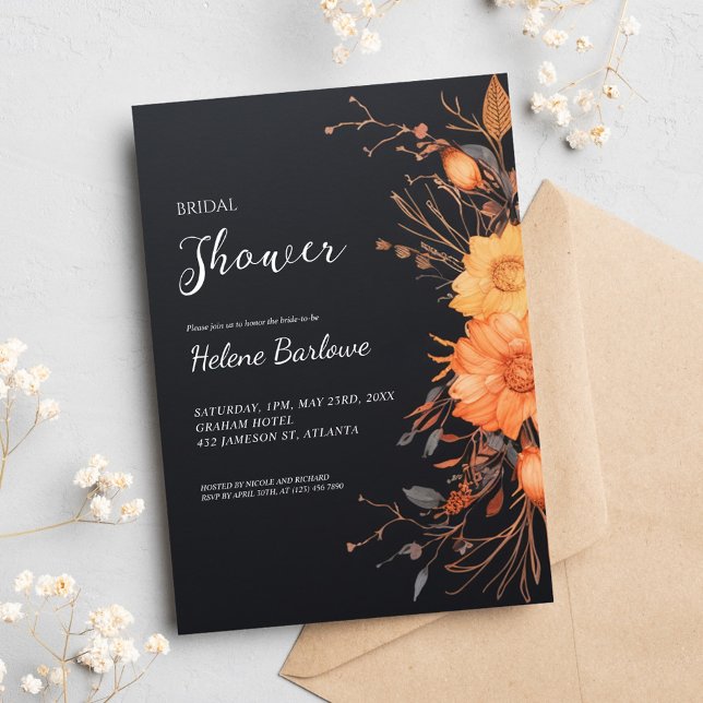 Convite Chá de panela Floral Preto Moderno (Modern Black Floral Fall Bridal Shower Invitation)