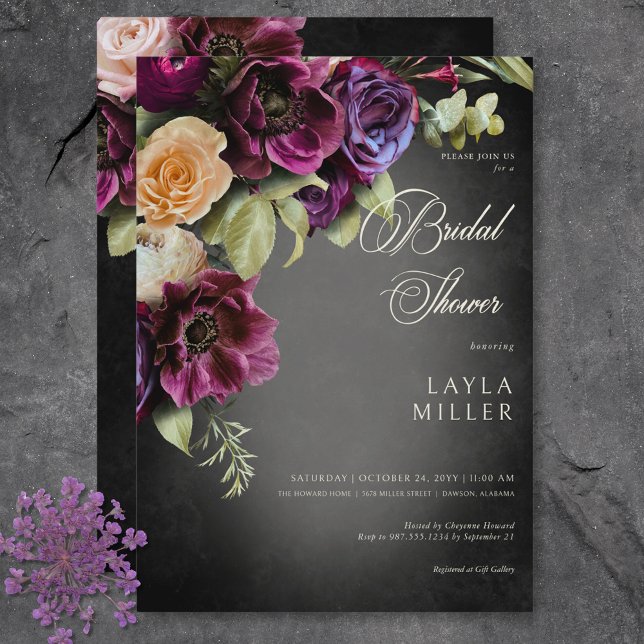 Convite Chá de panela Floral Preto Negra Escuro (Dark Elegant Black Blur Floral Bridal Shower Invitation)