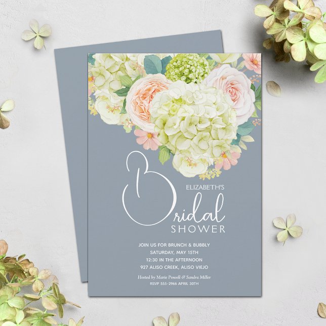 Convite Chá de panela Floral Primavera de Aquarela (Hydrangeas and Roses Dusty Blue Bridal Shower Invitations)