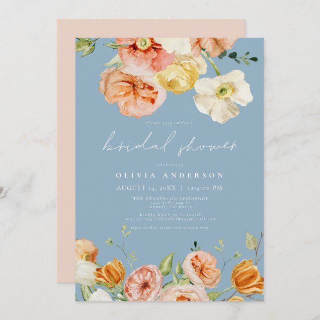 Convite Chá de panela Floral Primavera Elegante Azul (Frente/Verso)