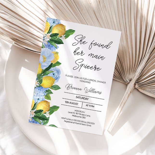 Convite Chá de panela Floral Principal de Limão Moderno (She Found Her Main Squeeze Bridal Shower Invitation, Lemon Bridal Shower Invitation Template Blue)