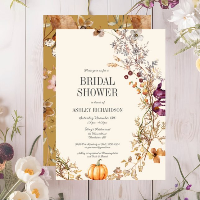 Convite Chá de panela Floral Pumpkin Boho (Fall Pumpkin Floral Bridal Shower Invitation, Ivory Bridal Shower Invite, Wildflowers )