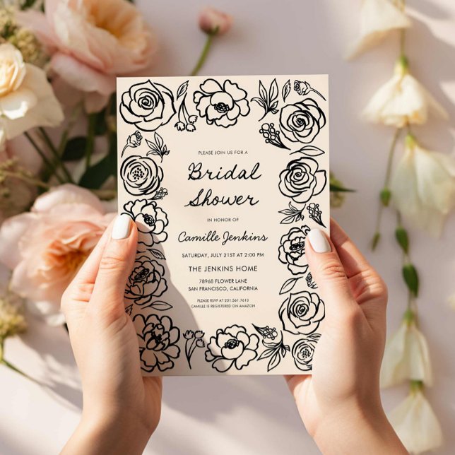 Convite Chá de panela Floral Retro Desenhado À Mão (Whimsical Botanical Hand Drawn Bridal shower Invitation)