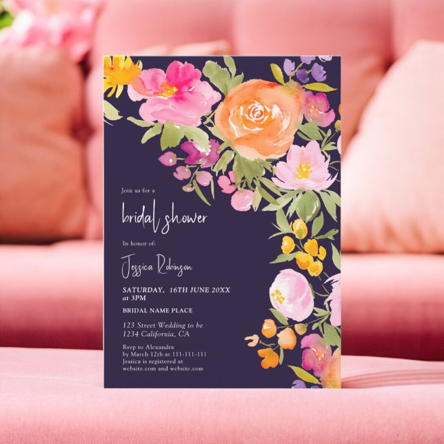 Convite chá de panela floral romântico bonito roxo (Pretty romantic purple summer floral bridal shower invitation)