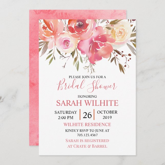 Convite Chá de panela Floral Romântico de Aquarela (Frente/Verso)