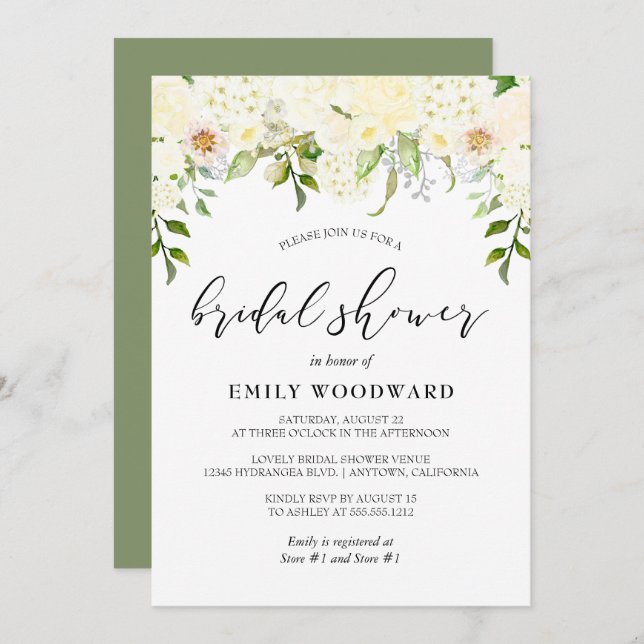 Convite Chá de panela Floral Romântico de Ivory Cream (Frente/Verso)