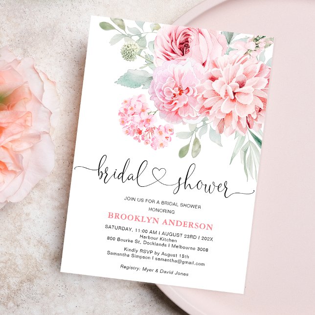 Convite Chá de panela Floral Rosa Boho (Pink Floral Bridal Shower Invitation Template, Hot Pink Floral Bridal Shower, Heart, Calligraphy)