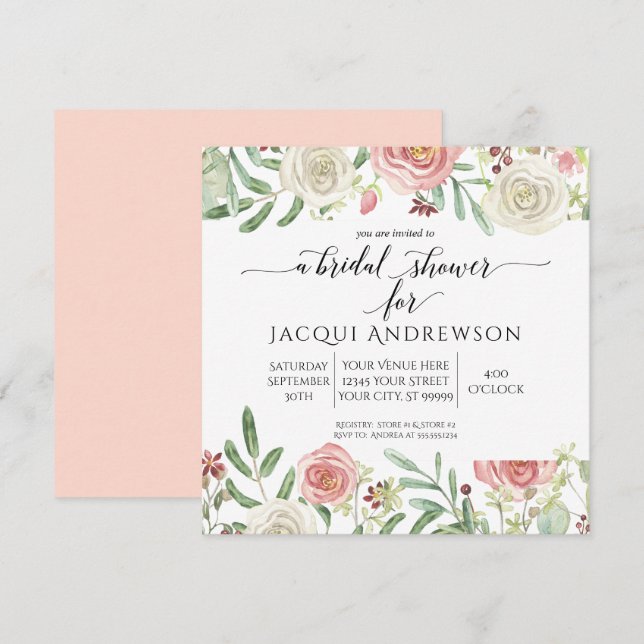 Convite Chá de panela Floral Rosa de Blush e Ivory| Quadra (Frente/Verso)