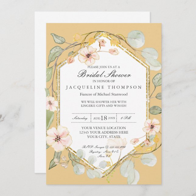 Convite Chá de panela Floral Rosa de Mostarda de Queda de  (Frente/Verso)