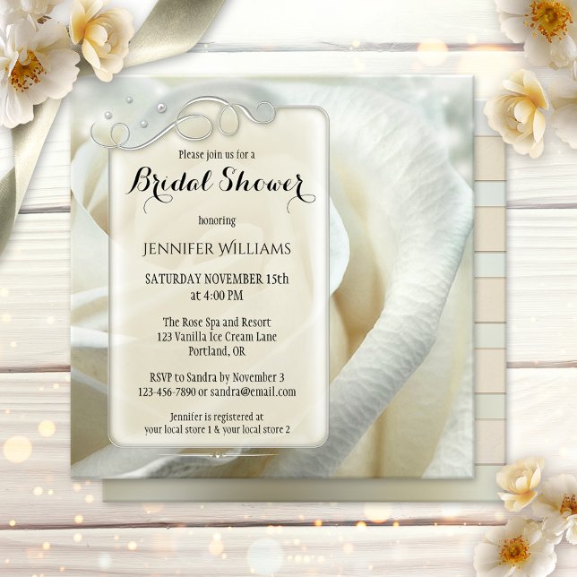 Convite Chá de panela Floral Rosa de Prata Chic Artística (Bridal shower invitation featuring silver floral swirls and tiny pearls on a romantic ivory rose )