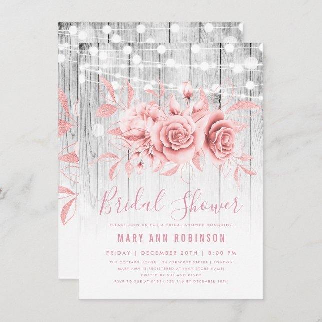 Convite Chá de panela Floral Rosa Dourado (Frente/Verso)