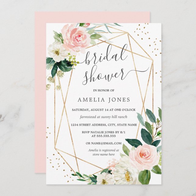 Convite Chá de panela Floral Rosa Dourado (Frente/Verso)