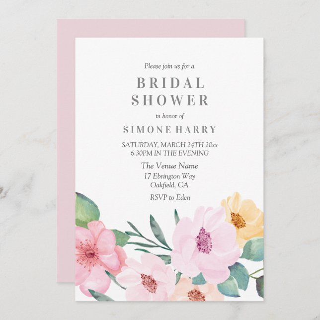 Convite Chá de panela Floral Rosa Elegante (Frente/Verso)