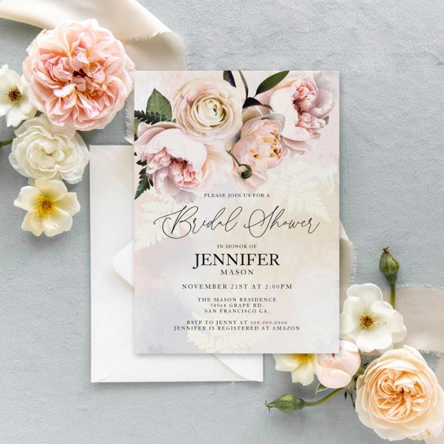 Convite Chá de panela Floral Rosa-Esbranquiçado Elegante (Blush Floral Bridal Shower Invitation)