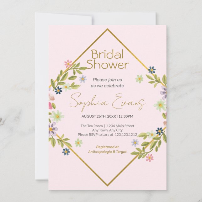 Convite Chá de panela Floral Rosa Geométrico Dourado (Frente)