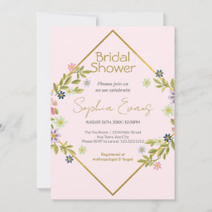 Convite Chá de panela Floral Rosa Geométrico Dourado