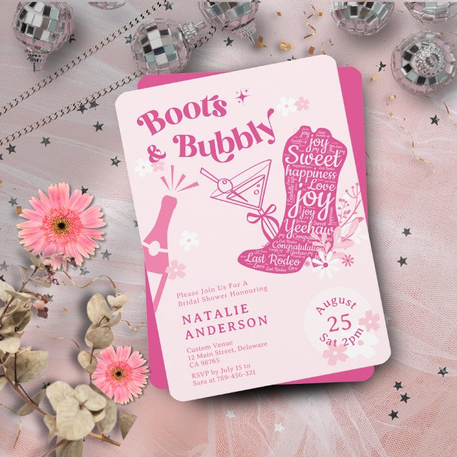 Convite Chá de panela Floral Rosa Girassol e Borracha (Girly Pink Floral Boots & Bubbly Bridal Shower Invitation)
