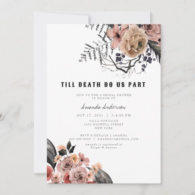 Convite Chá de panela Floral Rosa Gótico-do-Halloween (Frente)