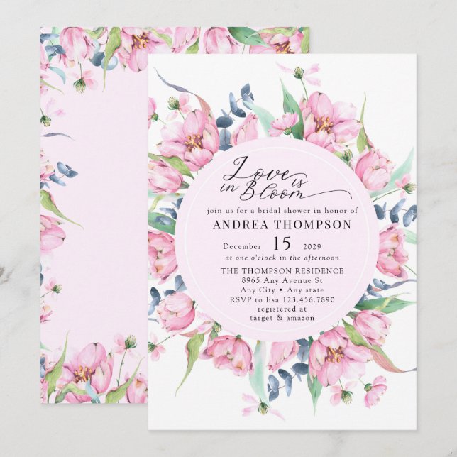 Convite Chá de panela Floral Rosa Primavera de Aquarela (Frente/Verso)