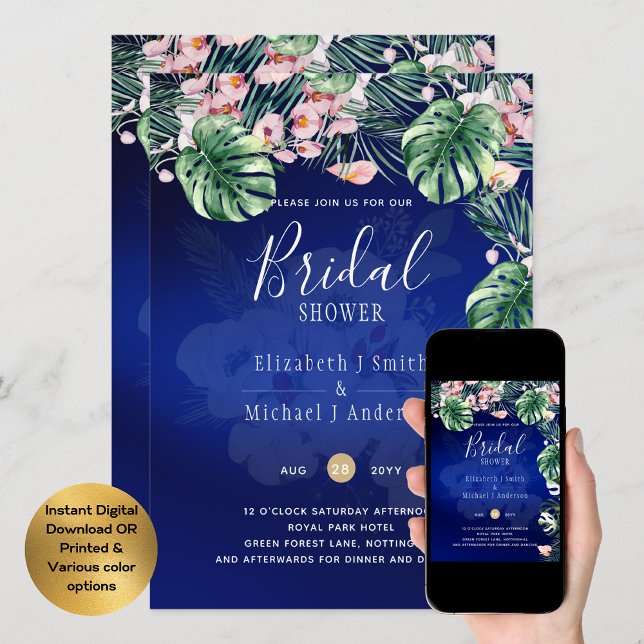 Convite Chá de panela Floral Rosa-Rosa Azul Tropical LeahG (Criador carregado)