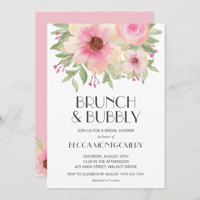 Convite Chá de panela Floral Rosa-Rosa Brunado e Escamudo (Frente/Verso)