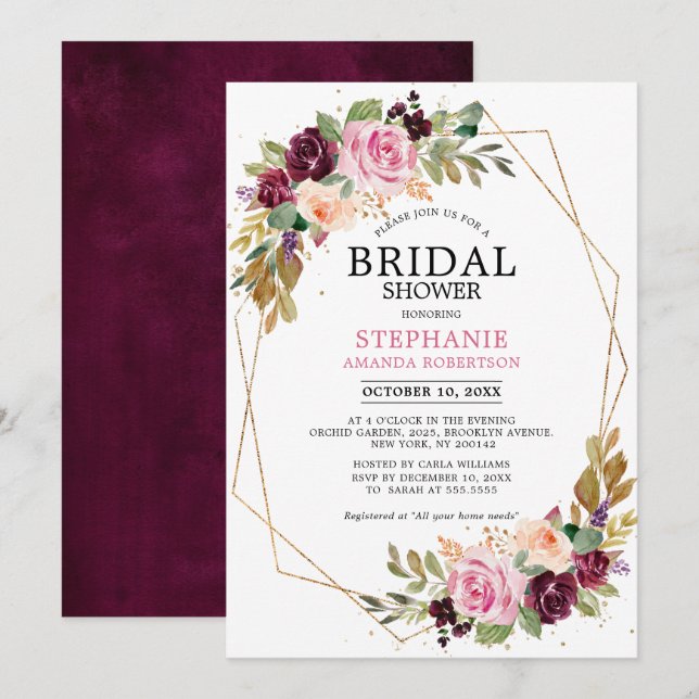 Convite Chá de panela Floral Rosa Rosa-Púrpura da ameixa (Frente/Verso)