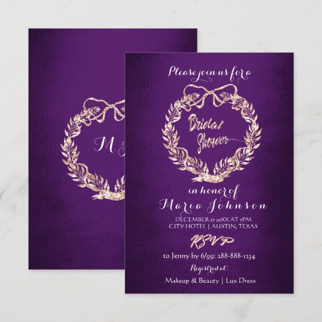 Convite Chá de panela Floral Rosa Roxo Dourado Roxo (Frente/Verso)