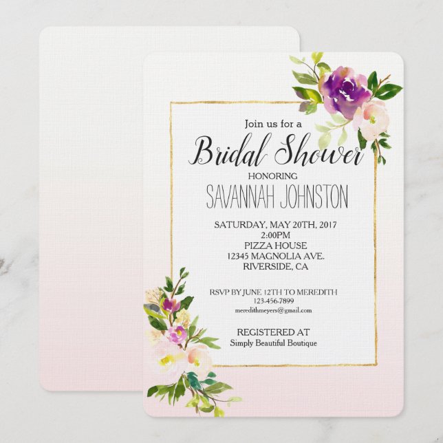 Convite Chá de panela Floral Rosa Turvo (Frente/Verso)