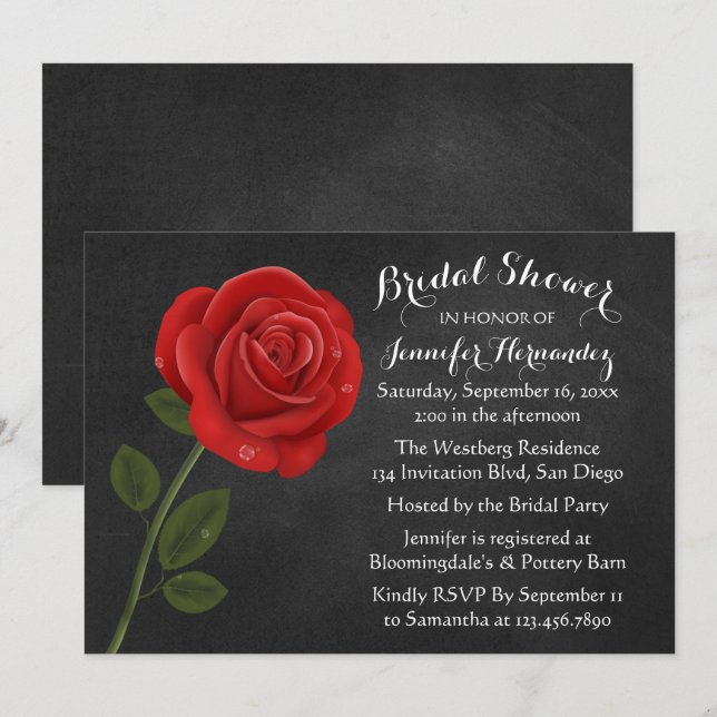 Convite Chá de panela Floral Rosa vermelha Preto (Frente/Verso)