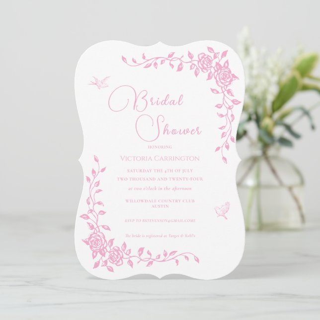 Convite Chá de panela Floral Rosa Vintage (Em pé/Frente)