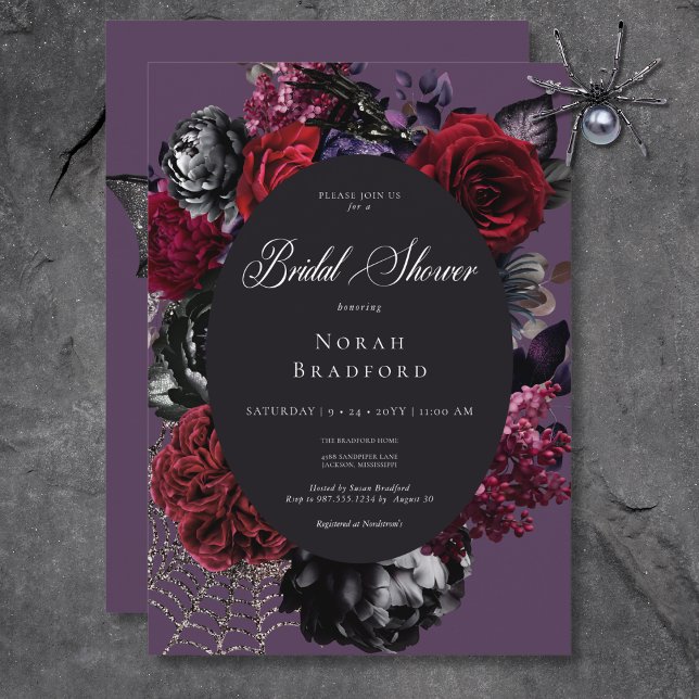 Convite Chá de panela Floral Roxo de Glam das Bruxas Escur (Dark Halloween Glam Floral Purple Bridal Shower Invitation)
