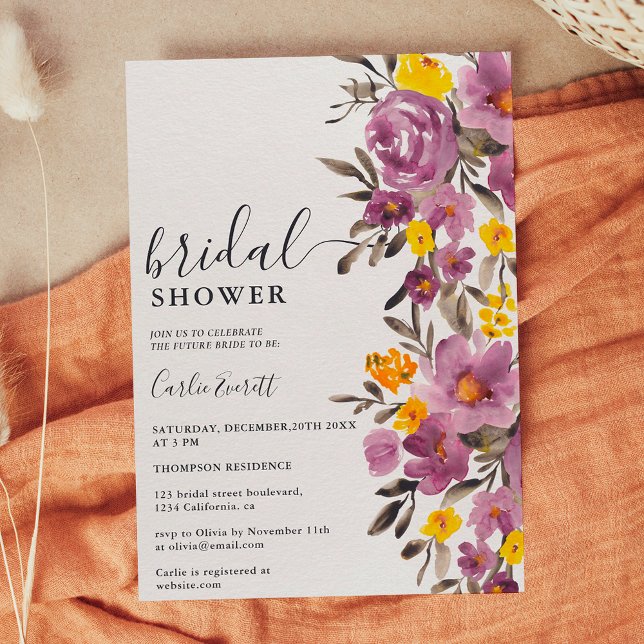 Convite Chá de panela floral roxo de inverno (Fall Winter purple floral bridal shower Invitation)