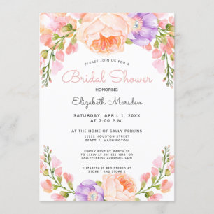 Convite Chá de panela floral roxo do rosa do pêssego do