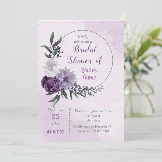 Convite chá de panela floral roxo e branco (Em pé/Frente)