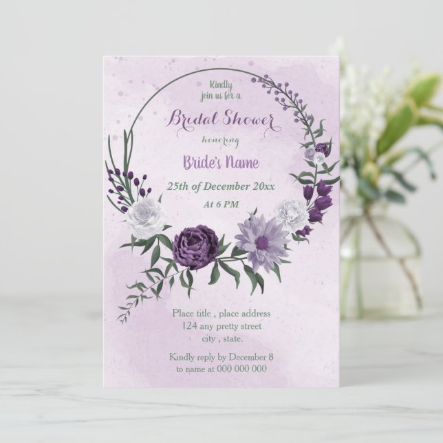 Convite chá de panela floral roxo e branco (Em pé/Frente)