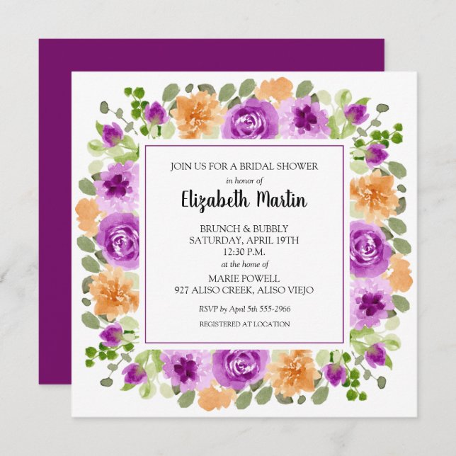 Convite Chá de panela Floral Roxo Elegante (Frente/Verso)