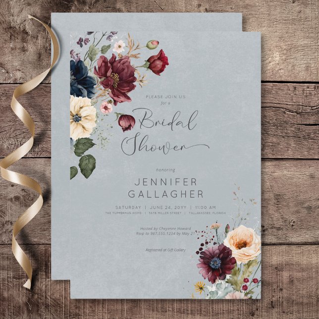 Convite Chá de panela Floral Russo Azul (Blue Burgundy & Cream Rustic Floral Bridal Shower Invitation)