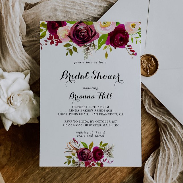 Convite Chá de panela Floral Russo Blush Burgundy (Criador carregado)