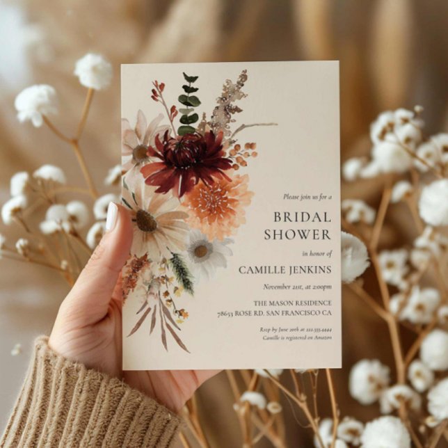 Convite Chá de panela Floral Russo de Queda (Autumn Floral Bridal Shower Invitation)
