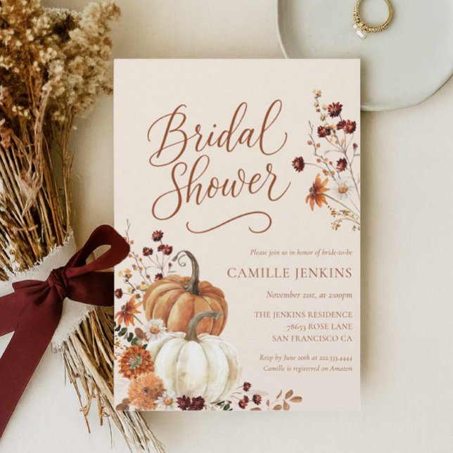Convite Chá de panela Floral Russo Fall (Rustic Orange Pumpkin Fall Bridal Shower invitation)