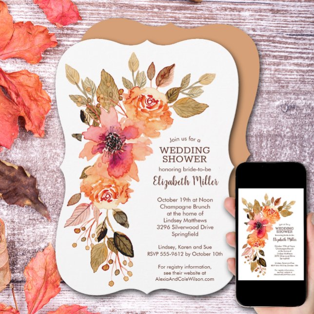 Convite Chá de panela Floral Russo Fall (Rustic Fall Floral Bridal Shower Invitations)