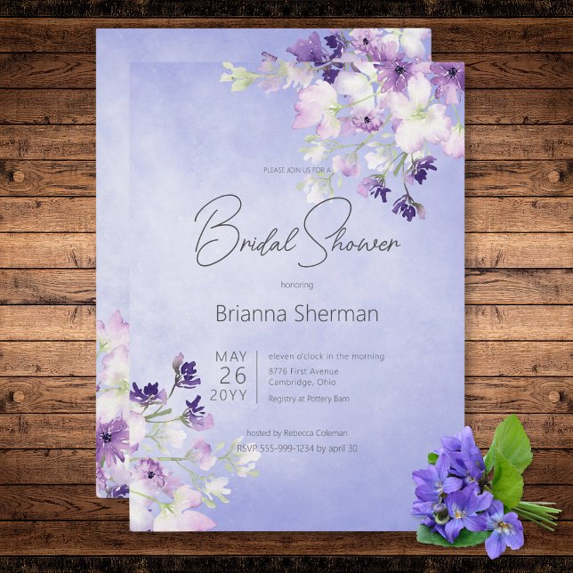 Convite Chá de panela Floral Rústico de Aquarela Puro (Rustic Purple Watercolor Floral Bridal Shower Invitation)