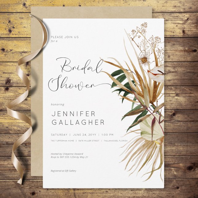 Convite Chá de panela Floral Seco de Branca Moderna (Modern White Boho Dried Floral Bridal Shower Invitation)