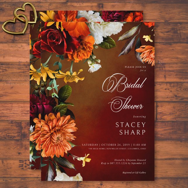 Convite Chá de panela Floral Sunset Dark Elegant Summer (Dark Elegant Summer Sunset Floral Bridal Brunch Invitation)