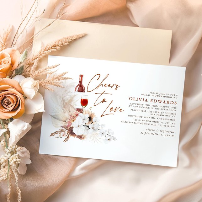 Convite Chá de panela Floral Terracotta Boho Wine Provando (Cheers To Love Wine Tasting Bridal Shower Invitations in Boho Style)