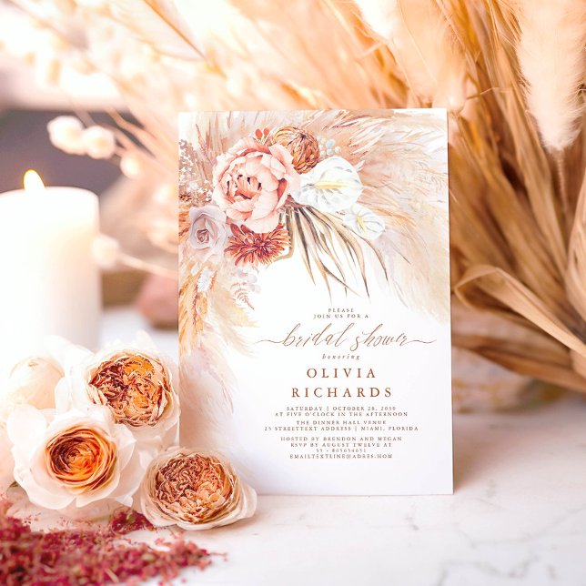 Convite Chá de panela Floral Terracotta Pampas Grass (Terracotta Boho Bridal Shower Invitations)