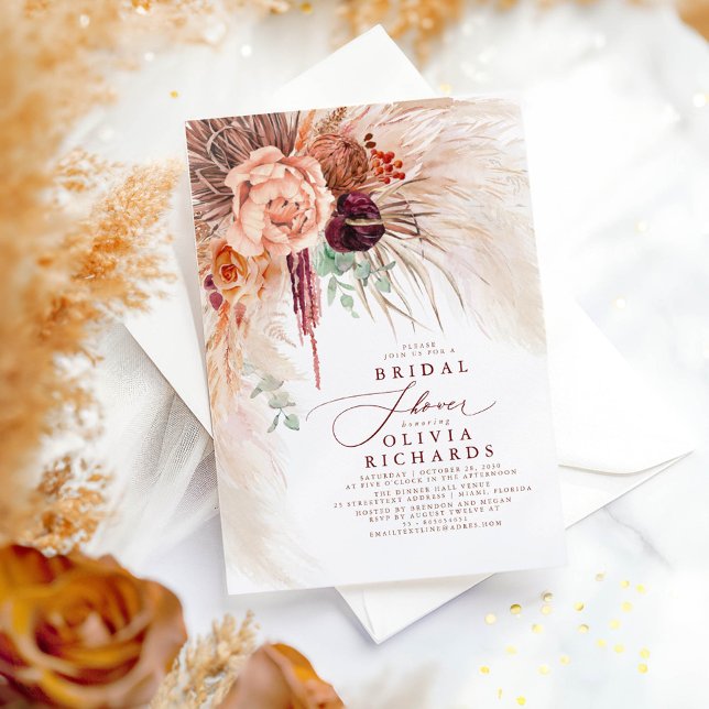 Convite Chá de panela Floral Terracotta Pampas Grass (Terracotta Flowers and Dried Pampas Grass Boho Bridal Shower Invitations)