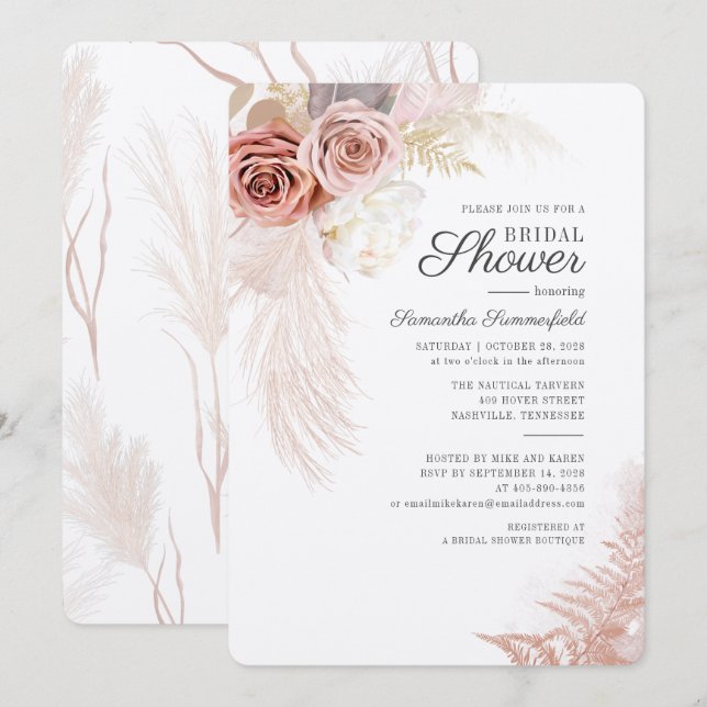 Convite Chá de panela Floral Terracotta Seco Pampas Grass (Frente/Verso)