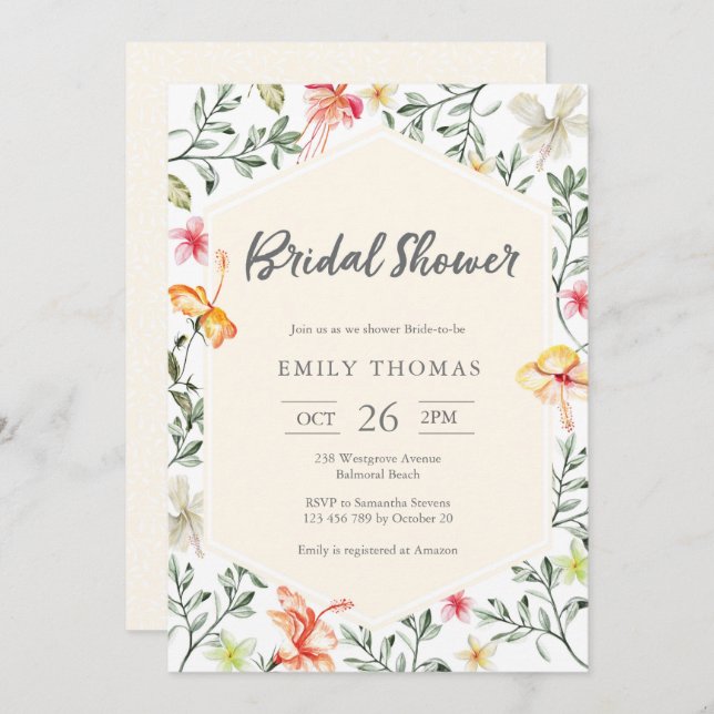 Convite Chá de panela floral tropical (Frente/Verso)